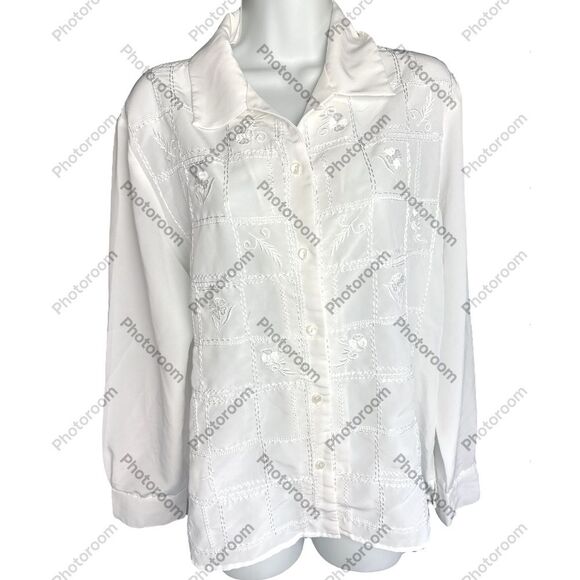 True Vintage 1980s Floral Embroidered Grid Longsleeve White Blouse - 14 L - Picture 2 of 7